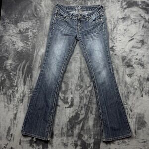 Premiere Bootcut Jeans Womens 7 Blue Denim Low Rise Thick Stitch Embroidered Y2K
